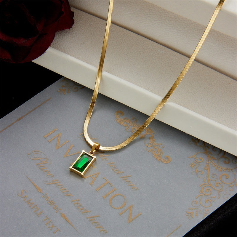 Style Unique Design Blade Chain Luxury Emerald Zircon Pendant Titanium Steel Necklace for Women